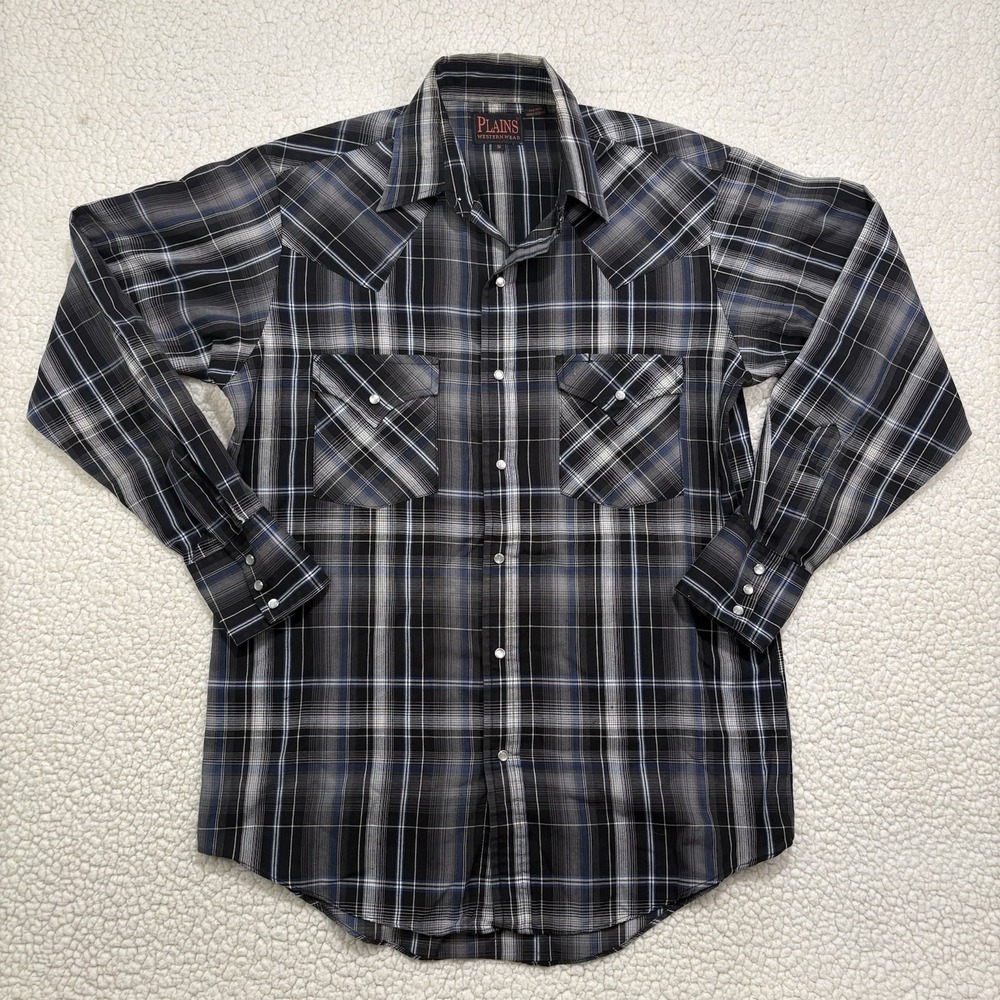 Plains Western Wear Pearl Snap Mens Size S Black Blue Plaid Long Sleeve Rodeo